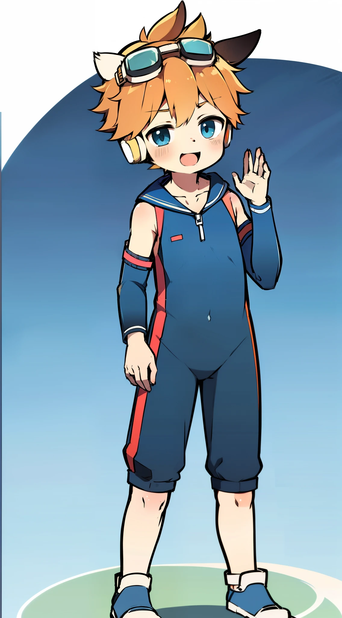2D Boy Shota,One-piece mountaineering suit,Slim, healthy body,Put the headphones on your head,stand up,goggles,Rabbit ears,happy,sailor collar