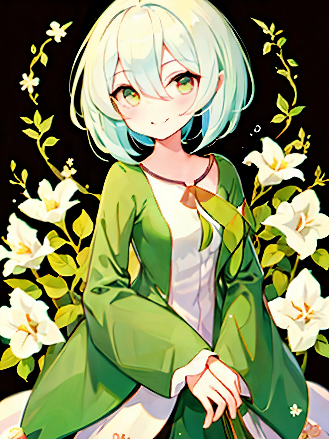 1 girl, gardevoir, short hair, beautiful, simple smile, floral background, 