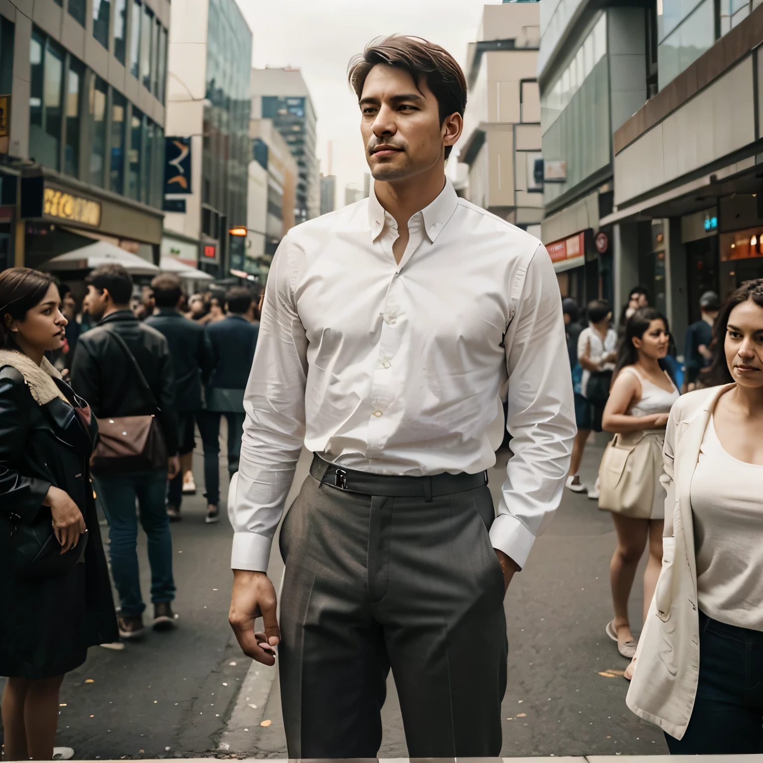 A faded photograph of a male leader standing tall amidst a bustling city, capturing the essence of pride and grace.