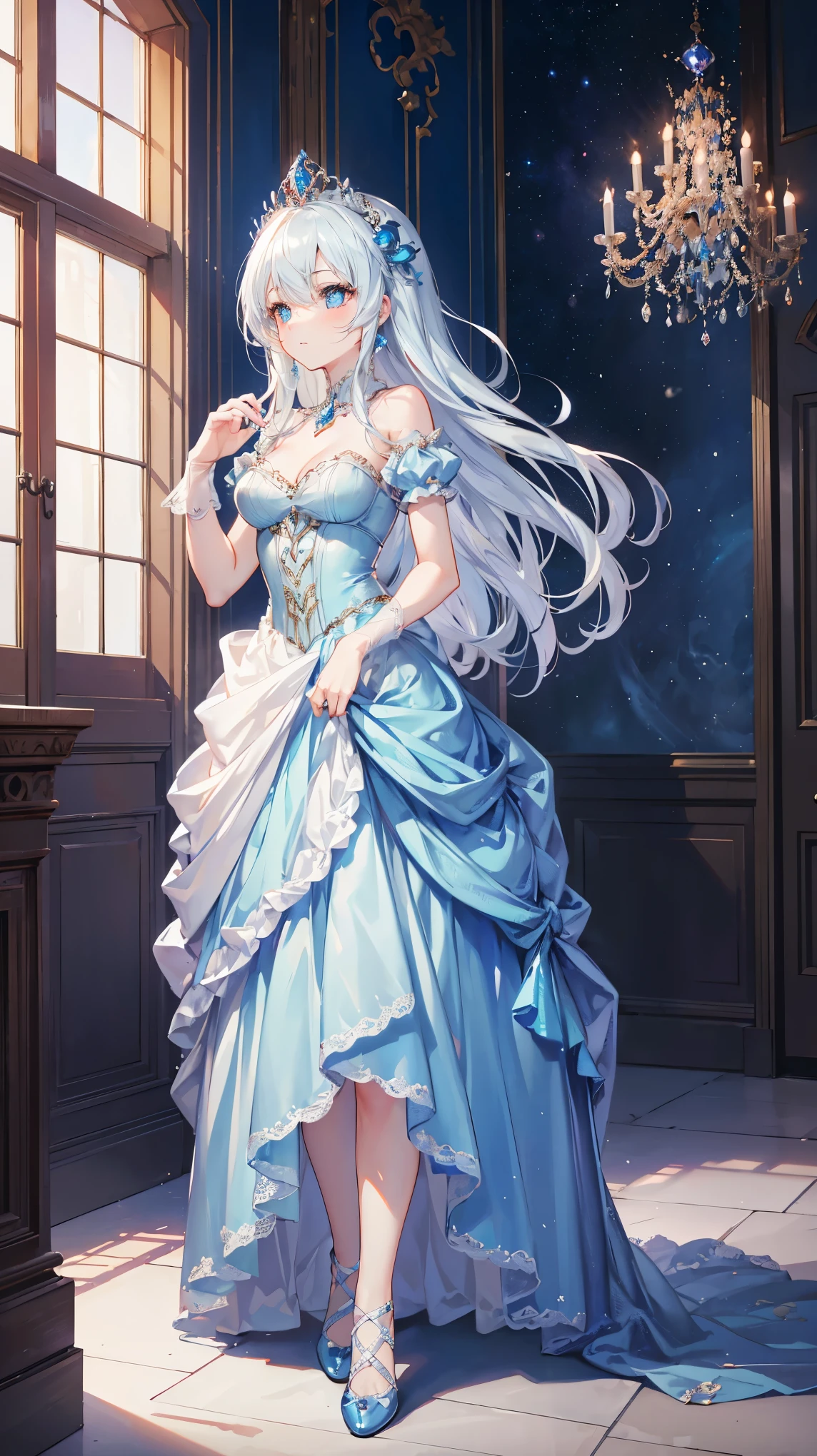 8k, best quality, (lifelike:1.4), original photo, 1 girl, Cinderella hair, glass slippers, ball gown, posture: fleeing palace at midnight, azure eyes