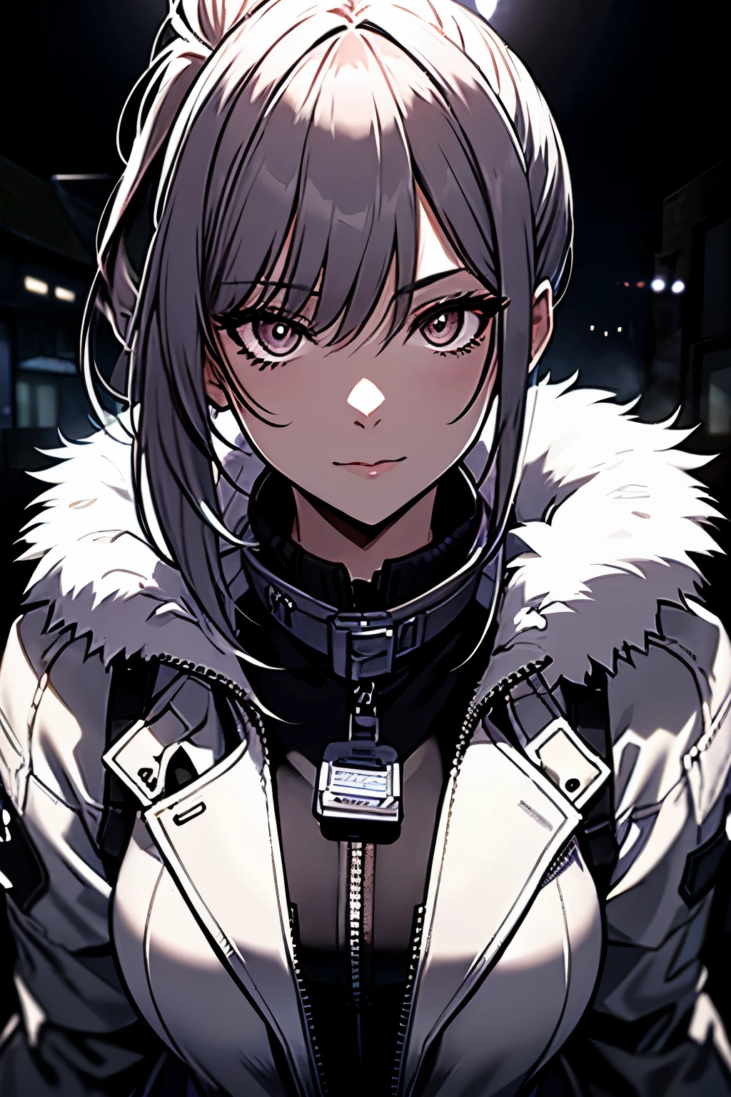 a woman, leggings, pleated skirt, sports top, high ponytail, high boots, long fur jacket, on a foggy moonlit night in a ghost town, detailed face, hyper detailed eye's, detailed lips, , with a metal chainned-colar in the neck, lineart