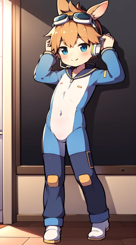 Boy in a leotard、garments:Bright blue leotard、Short blue-haired boy、Blue-eyed、Leotard、Boy in Leotard、Rogue Anime Boy、wearing leotard、Anime Male Full Body Art、Leotard、highleg、long-sleeve、Beige pantyhose、White bra and white panties that are taken off、Beige Half Shoes、a smile、male 、Beautiful Boys、Handsome boy、blue hairs、Muscular boy、erectionpenis、