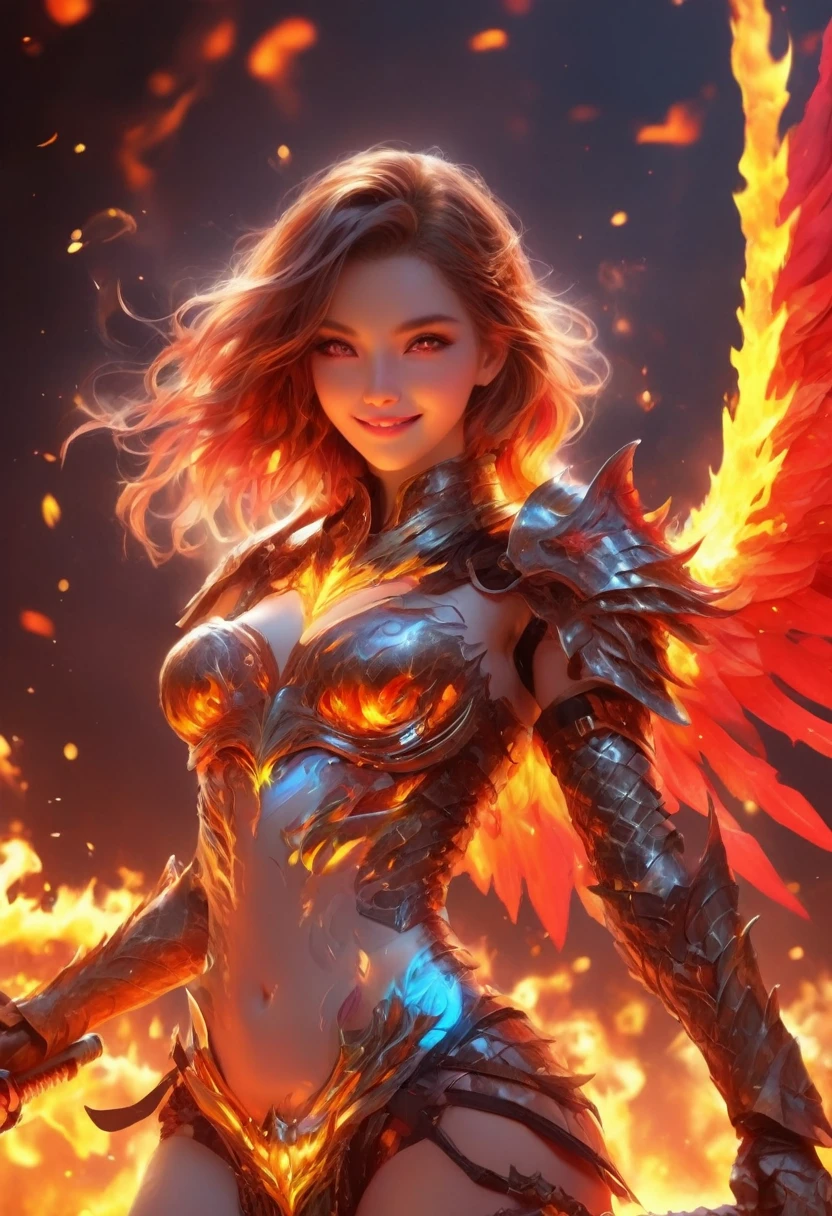 1 sexy girl, with dragon wings, vibrant eyes, smiling slightly, shiny armor, sword in hand, neon eyes, flames around, fire element around, sexy body, armor on her body.