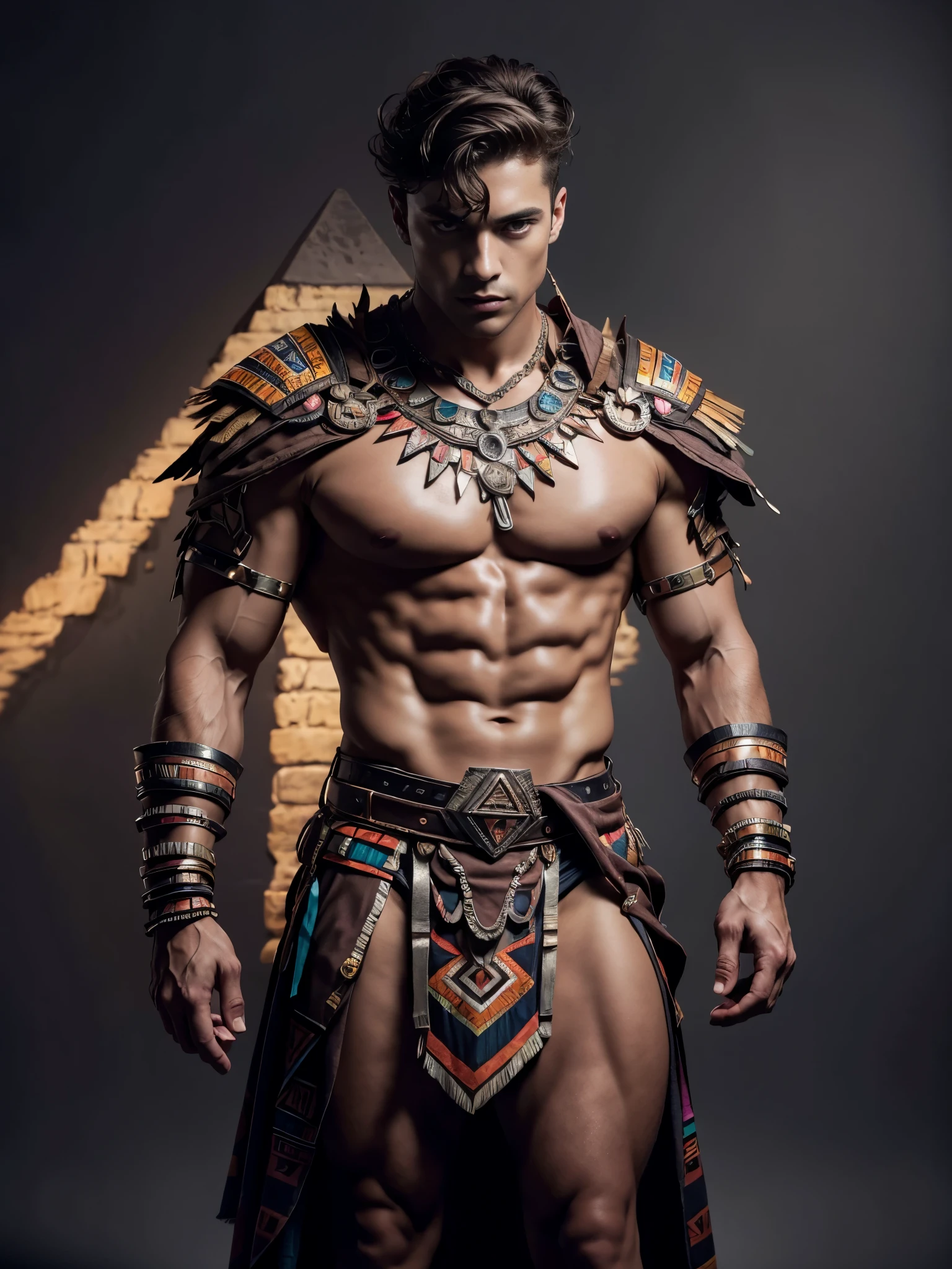 Photorealistic, Mesoamerican guy , ((best quality)), ((masterpiece)), (detailed),masculine portrait of young aztec god prince, 18-year-old male models, handsome, tall, cute looking, evil look, dark look, powerful, young male, handsome model, clean shave, silver eyes. (short curly messy brown hair:1.2), messy curly hair, super strong, muscular, fit, massive muscles, six pack, shirtless, barechested, muscle, ripped, strong body, fit body, aztec neckless, aztec loincloth, (aztec draped cloth skirt), aztec garment, aztec pyramid in the background, (Dark background:1.2) (aztec pyramid:1.4), 8k, high detailed, ultra-detailed, Stylish Pose, real skin texture, dark cinematic lighting,
