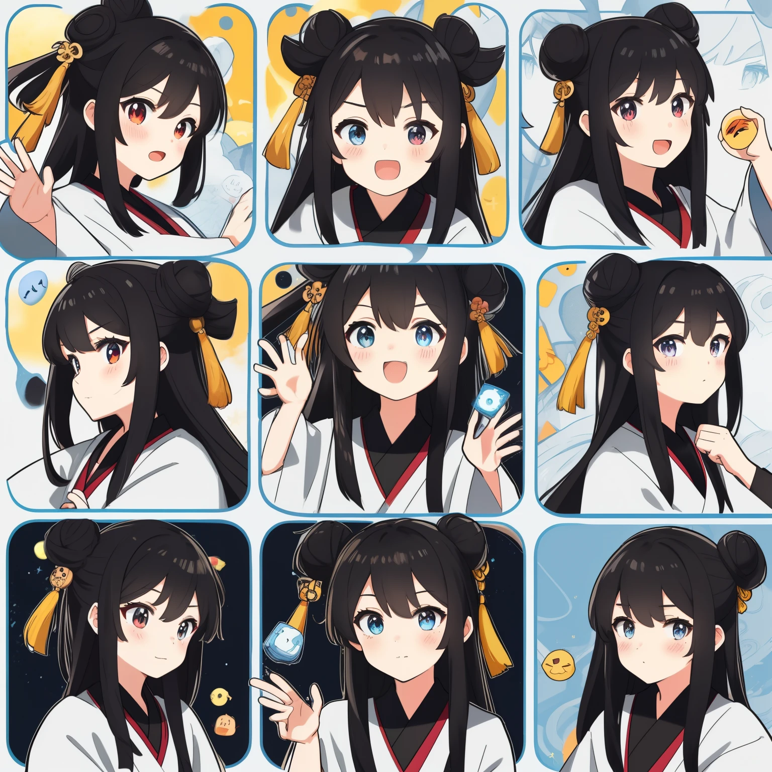 1 cute chinese girl，9 squares，9 emoji packs，9 poses and expressions，hanfu，black strokes，Different emotions，8K