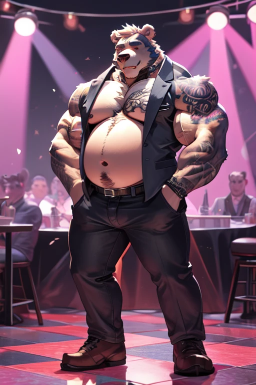 Furry, anthropomorphic bear, older male, Dilf, Daddy, big pecs, broad shoulders, musclegut, big biceps, thickly muscled thighs, blazer unbuttoned, shirtless, large golden nipple rings, Torso covered in tattoos, scars on Torso, at the dance floor