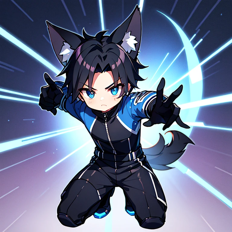 computer graphics games,quality 8k,((young boy)),youthful feeling,Male anime protagonist,wolf ears,Short,Shining Big Eyes,Eyes look into the distance,Squinting Angle,wolf tail,forehead,((Black & Blue Jumpsuits)),White gloves,(Racing boots),The killers,Full body, How,Tech City,Scanning,Sit with legs spread,combat damage,defeat,Moribund,no animals