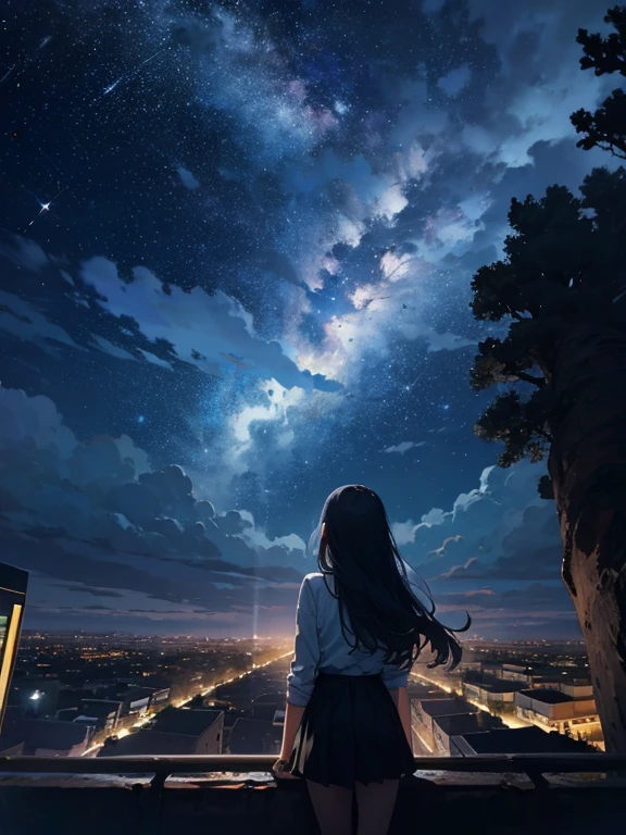octanos, cielo, Estrella (cielo), escenario, Estrellary cielo, noche, 1 chica, noche cielo, solo, al aire libre, edificio, nube, Milky Way, session, tree, pelo largo, ciudad, silueta, ciudadscape