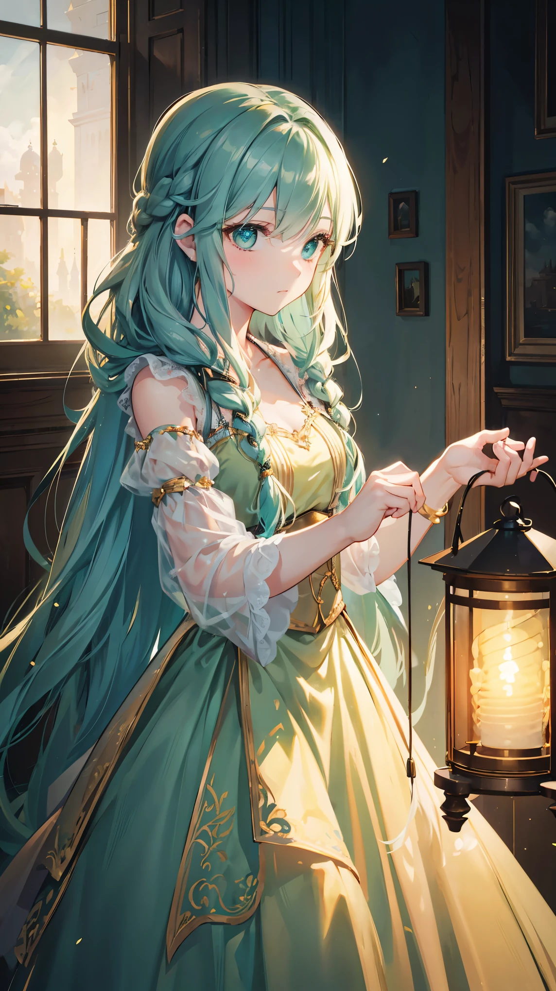 8k, best quality, (lifelike:1.4), original photo, 1 girl, Rapunzel hair, tower window, flowing gown, posture: braiding hair by lantern light, sea-green eyes
