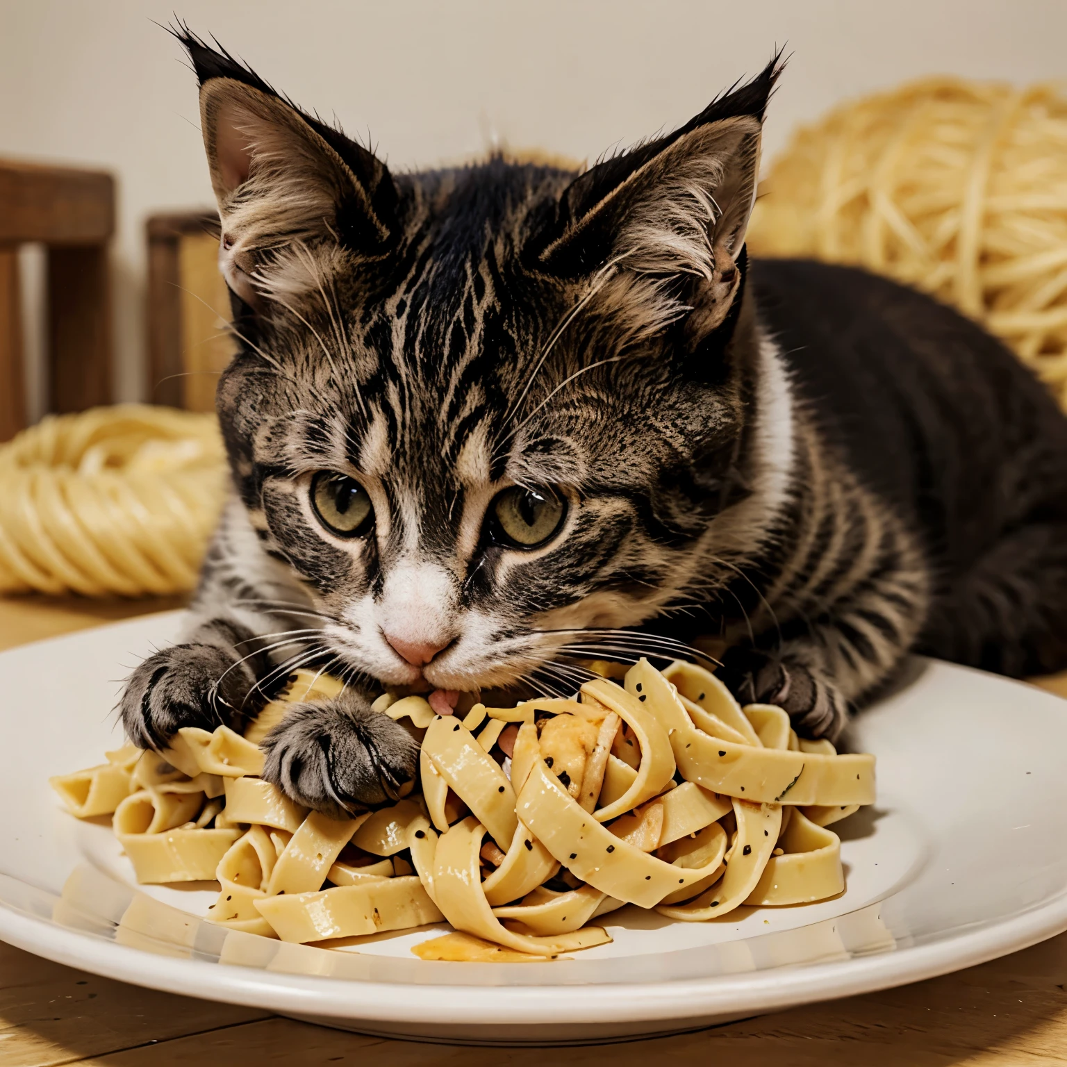 Kitten eating pasta