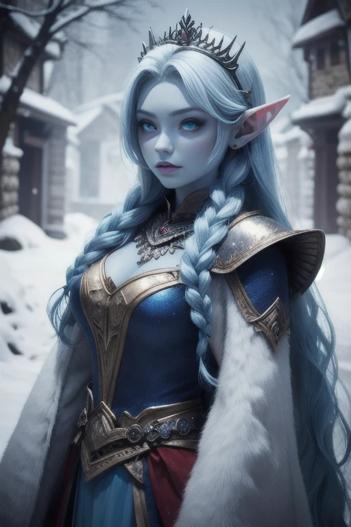 Blue skin, Frozen princess, rare, ice maiden, shiva armor, beautiful women, long icy hair, icy eyes, elf ears, blue skin, winter, village, 