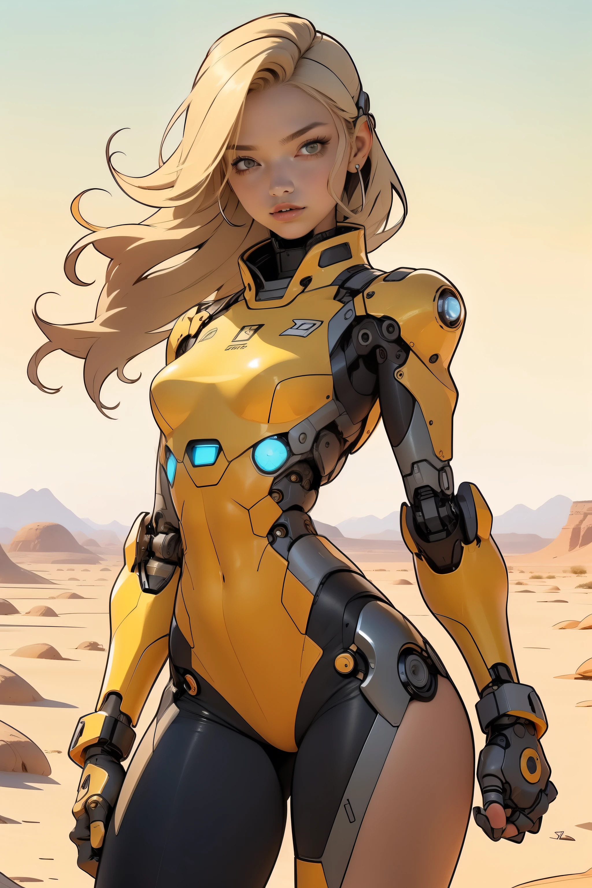 high quality, 4k, masterpiece, beautiful, cyborg girl, cowboy shot, dull eyes, front, looking at viewer, long blonde hair, girl, small breasts, fit thighs, robotic arms, robotic body, cyborg body, yellow & white uniform, orange accent, intricate detail, joint, detailed lines, robotic detail, holding fist up, holding hand up as fist, color robotic parts, robotic parts with color, perfect fingers, on a desert planet, sunny background, colorful desert, a river or a lake in the background, slender thighs, skinny thighs,