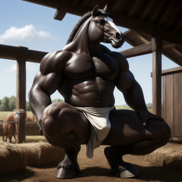 (best quality,4k,8k,highres,masterpiece:1.2),ultra-detailed,(realistic,photorealistic,photo-realistic:1.37) Furry, Antro, Equine, loincloth, hooves, Black, Solo, horse, Fundoshi white, bulto macho, farm, Fundoshi, detallado, sentado, white loincloth 