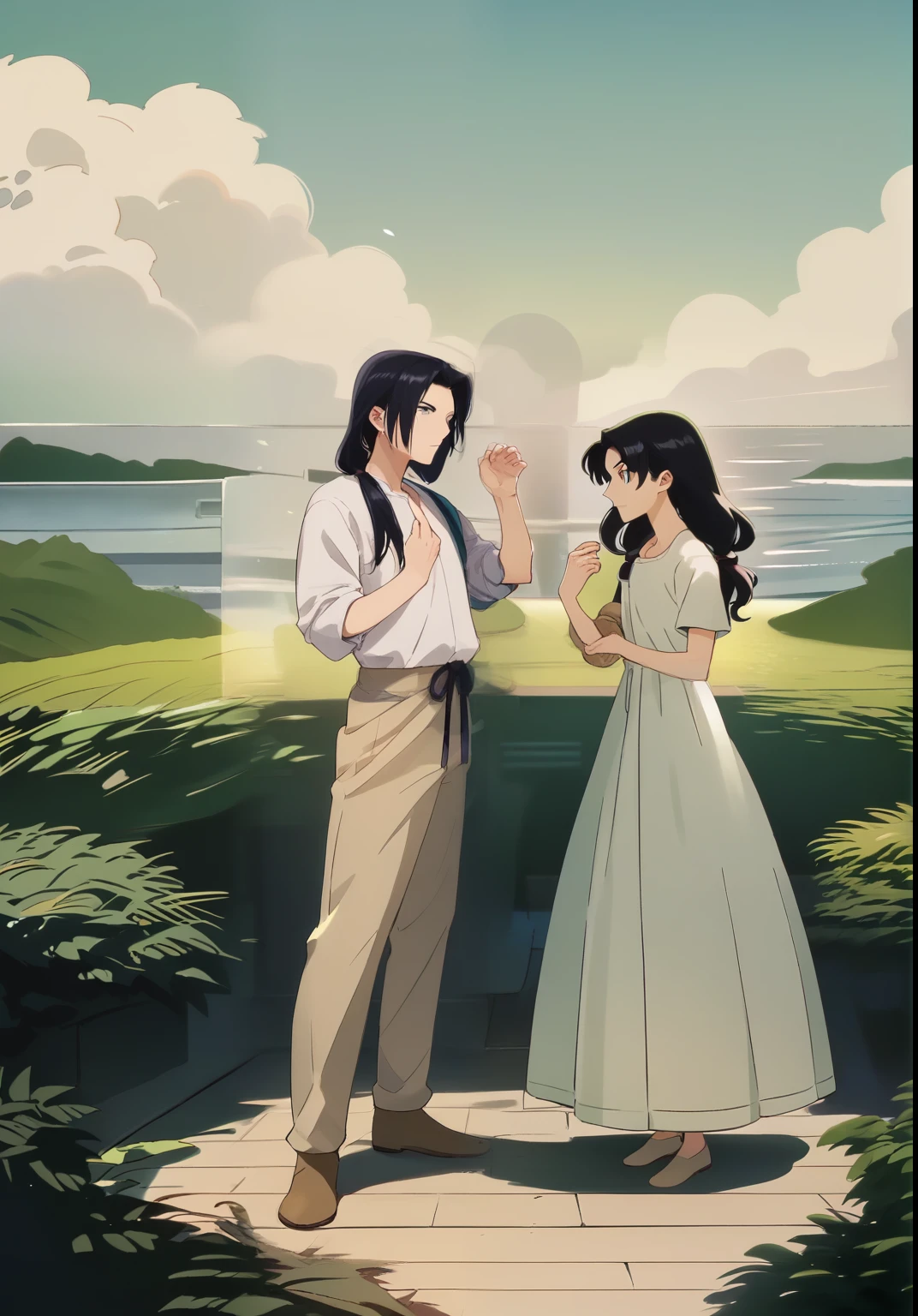 jinshi, long hair, black hair, grey eyes, parted bangs, side view, (full-length image) ,he raised one hand, He stands with his hand raised, ((low ponytail)), solo, linen shirt, rolled up sleeves, straight classic trousers, beige boots, BREAK score_9, score_8_up, score_7_up, score_6_up, anime