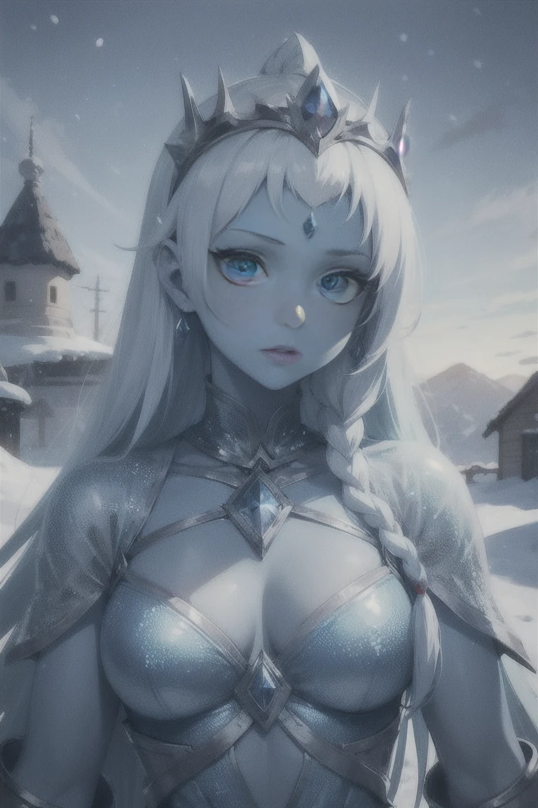 Blue skin, Frozen princess, rare, ice maiden, shiva armor, beautiful women, long icy hair, icy eyes, blue skin, winter village,
