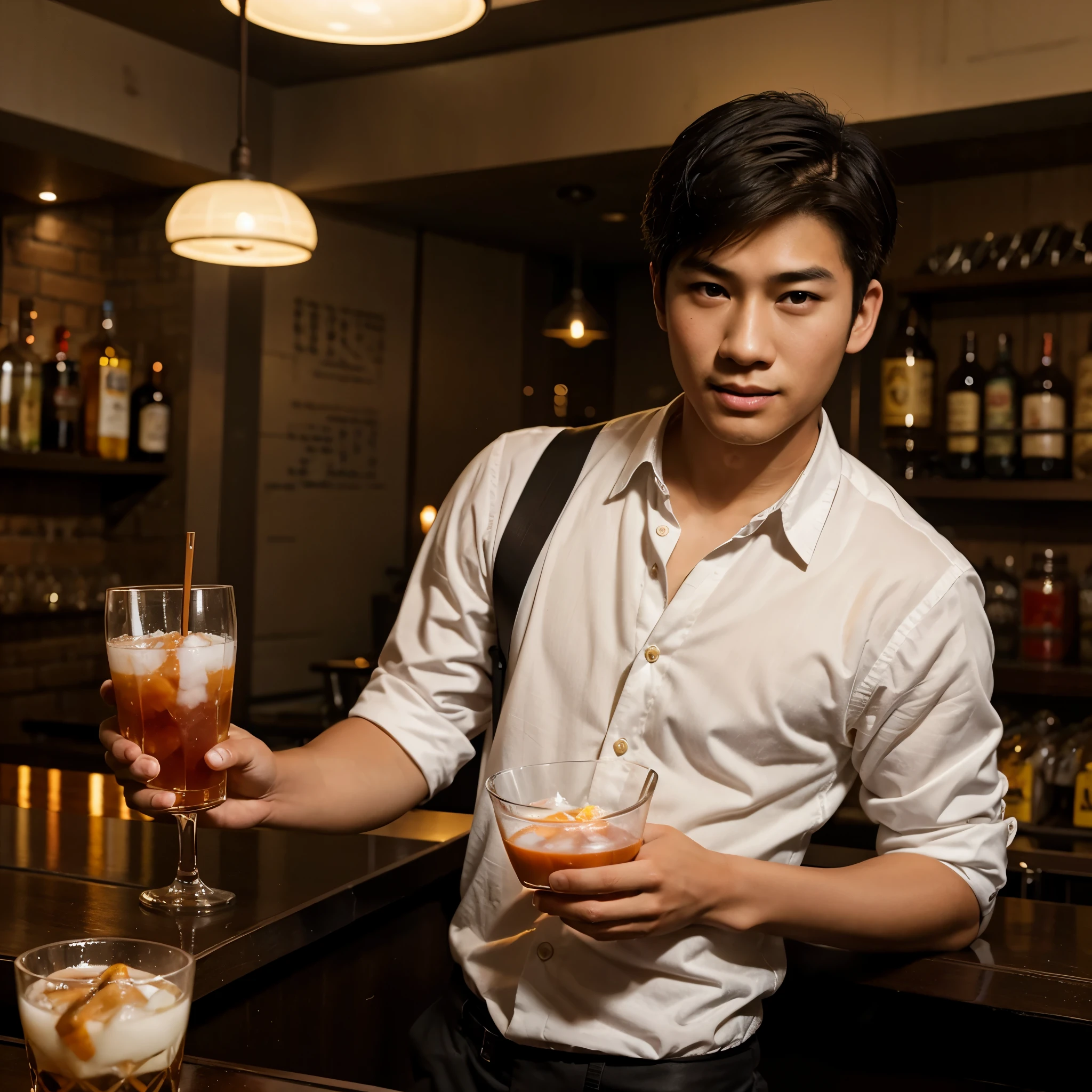 Dark Bar、Stylish bar、counter、Front of the bar counter、A male bartender is standing、Front view of the bartender、A bartender looking straight into the camera、Angle above the waist、Looking at this、welcome、Front angle、Customer Perspective、Angle of subjectivity、Bartenders making cocktails