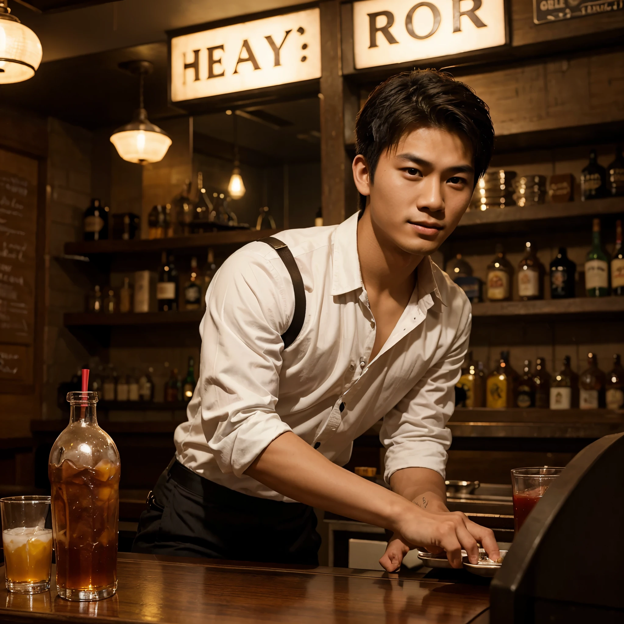 Very handsome Asian 20 years old realistic guy working as a waiter in a bar or preparing drinks 
