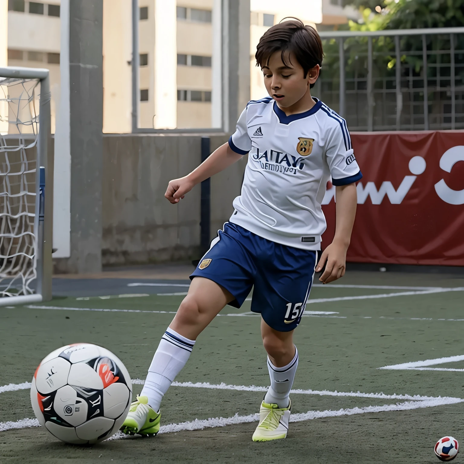 de 9 anos chutando bola da puma com camisa do real Madrid no futebol