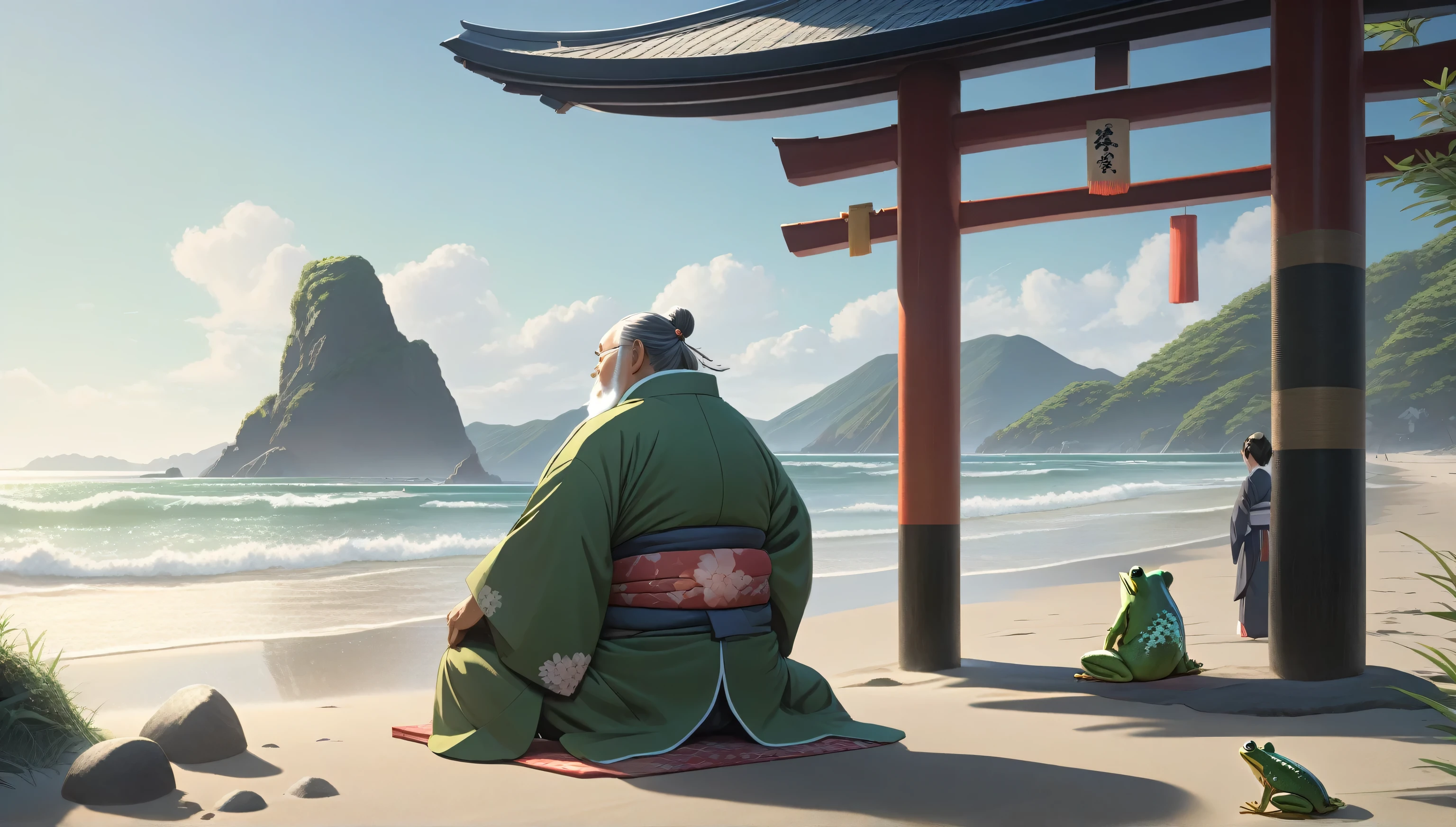 (concept art), (web), Frog Slab Squat Fat, kimono, (intricate details), (very detailed), 8k HDR, highly detailed, lots of details, high quality, soft movie-like light, atmospheric perspective,look at the sea、look far away、grandfather、beard、I'm on the beach