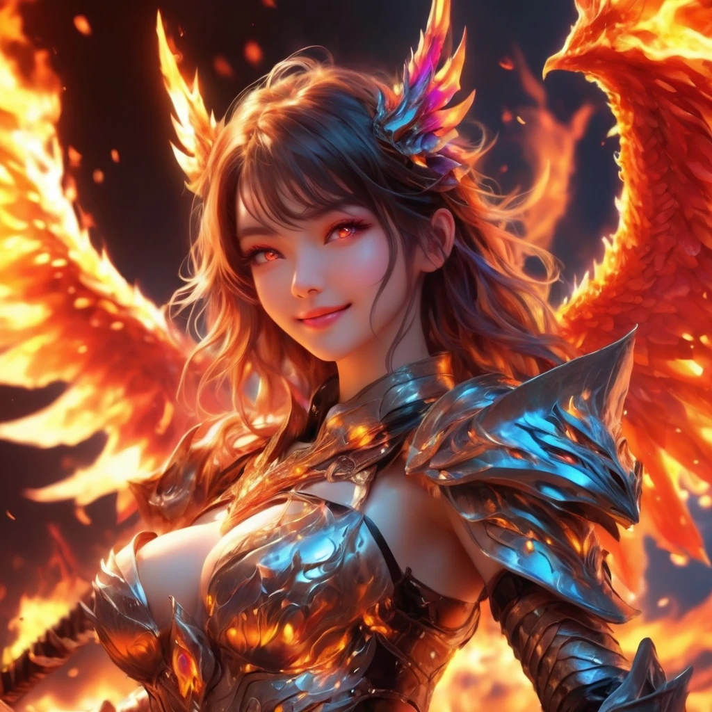 1 sexy girl, ANIME STYLE, with WELL-DEFINED dragon wings ON HER BACK, vibrant gaze, smiling slightly, shiny armor, sword in hand, HOLDING THE SWORD ABOVE THE EYE LINE, neon eyes, TRAIL OF FLAME COMING OUT OF HER EYES , (HIGHER QUALITY), 4K flames around, fire element around, sexy body, armor on her body.