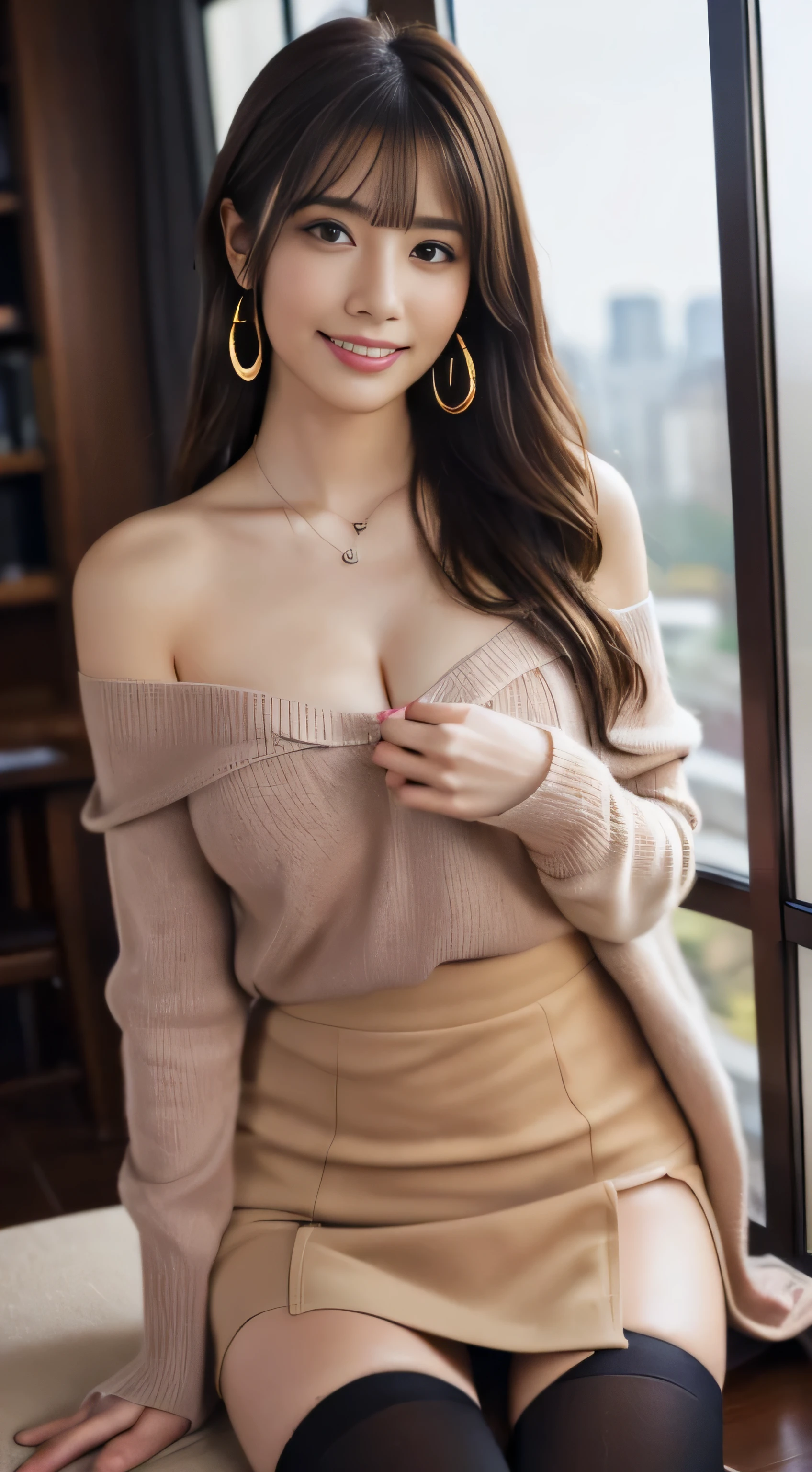 ((table top, highest quality, High resolution, , perfect pixel, 4k, ))), 1 girl, single, alone, Beautiful woman、(An angle where you can see the whole body)、 ((middle wave hair, bangs, brown hair)), ((brown eyes, beautiful eyelashes, realistic eyes)), ((detailed face, blush:1.2)), ((smooth texture:0.75, realistic texture:0.65, realistic:1.1, Anime CG style)), big breasts、soft chest、dynamic angle, perfect body, ((Female governess、、Beige off-shoulder sweater、Dark Blue Flared Skirt、Black garter stockings、earrings、necklace、upward glance、shy smile、library desk、Leaning forward a lot、crawl on all fours、、I can see a little bra、Massage your chest with one hand、flip up the skirt with one hand、))