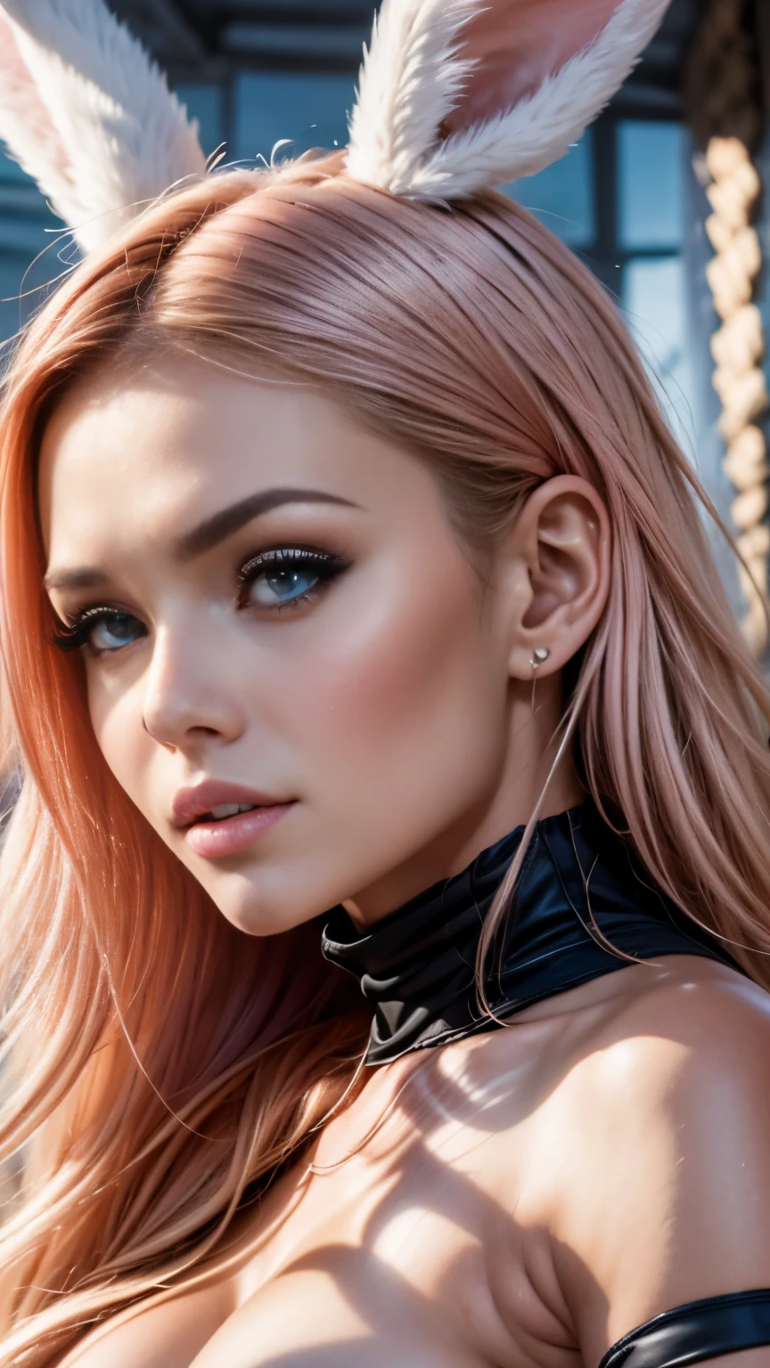 anime style, a closeup of a cartoon of a woman with ears and rabbit tail, with rabbit tail, with rabbit ears, girl design, mara, portrait, giesha, anime image, long hair, pink hair, hair covering ears, happy, polished and powerful look, exotic, tall  