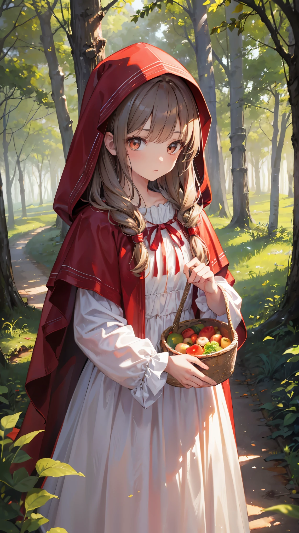 8k, best quality, (lifelike:1.4), original photo, 1 girl, Little Red Riding Hood hair, basket of goodies, cloak, posture: walking through forest path, deep brown eyes