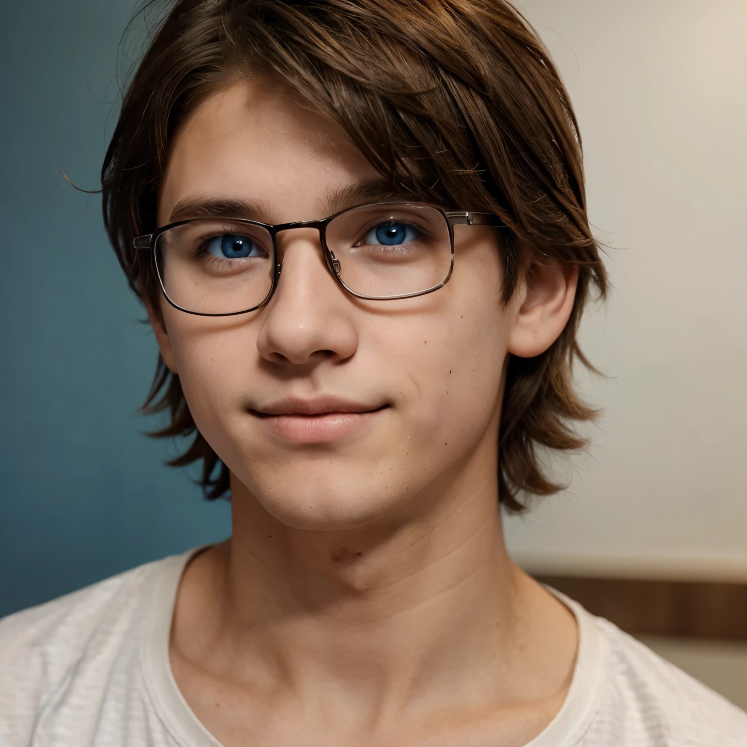  boy, brown hair, short and fluffy hair, square glasses, mixture of pale and tan skin, blue eyes, pointed nose, happy face 
