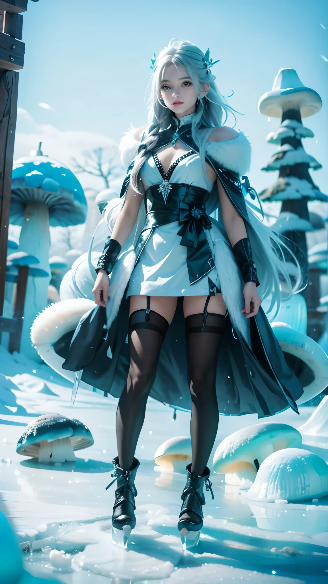 Frost Goddess,Frozen liquid,iceの世界,ice,1 girl,black legwear,boots,chest,fur trim,The huge ice mushroom on the head,Ice pillar, ice mushrooms,Frozen ground,full body,gray eyes,hair ornaments,long hair,looking at the viewer,outdoor,pantyhose,silver hair,smile,alone,Are standing