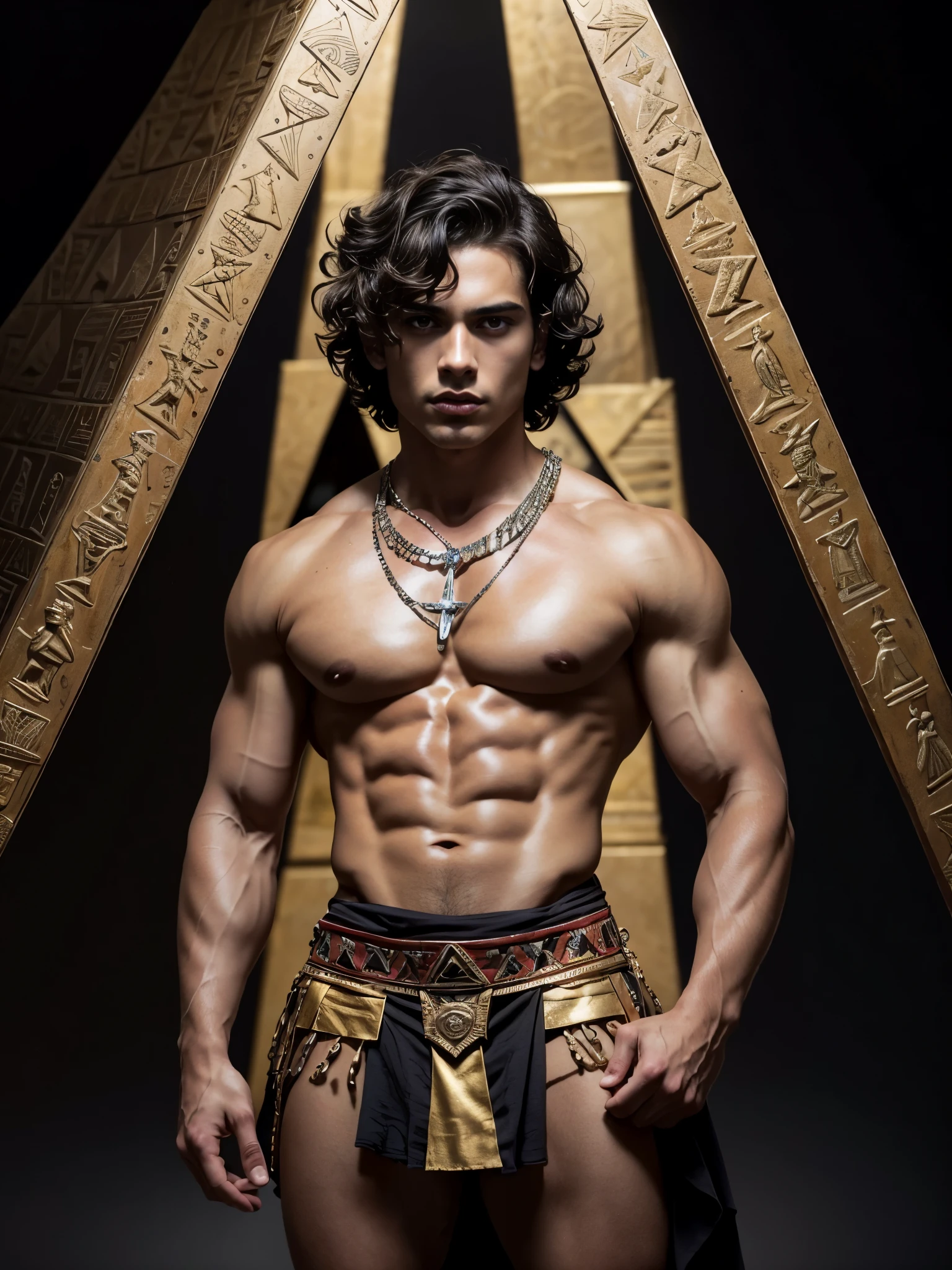 Photorealistic, Mesoamerican guy , ((best quality)), ((masterpiece)), (detailed),masculine portrait of young aztec god prince, 18-year-old male models, handsome, tall, cute looking, evil look, dark look, powerful, young male, handsome model, clean shave, silver eyes. (short curly messy brown hair), messy curly hair, super strong, muscular, fit, massive muscles, six pack, shirtless, barechested, muscle, ripped, strong body, fit body, aztec neckless, aztec loincloth, (aztec draped cloth skirt), aztec garment, aztec pyramid in the background, (Dark background:1.2) (aztec pyramid:1.4), 8k, high detailed, ultra-detailed, Stylish Pose, real skin texture, dark cinematic lighting,