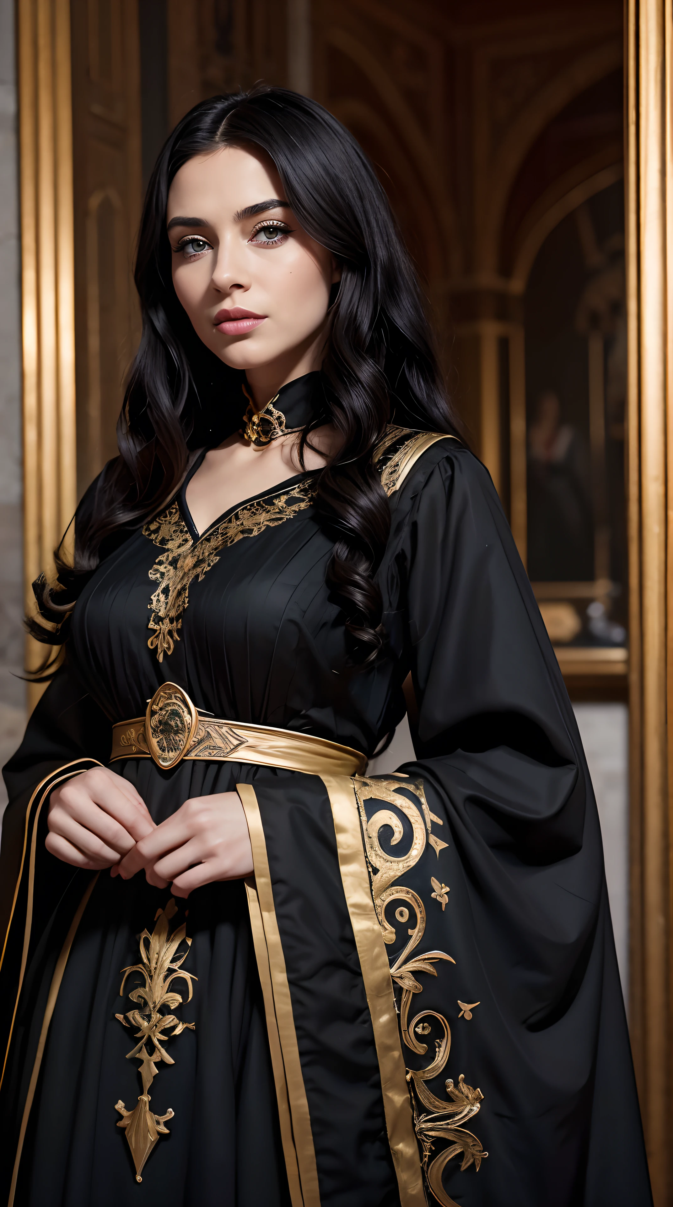 RAW photo, woman 25 years old, Waist-length image in the center of the composition, ((long, black, curly hair)), blue eyes, haughty, bitchy, arrogant, gold embroidered early medieval dress with (long, wide, spacious straight sleeves), in a medieval castle, blurred background, 8K UHD, dim lighting, hiquality, Film grain, Fujifilm XT3
