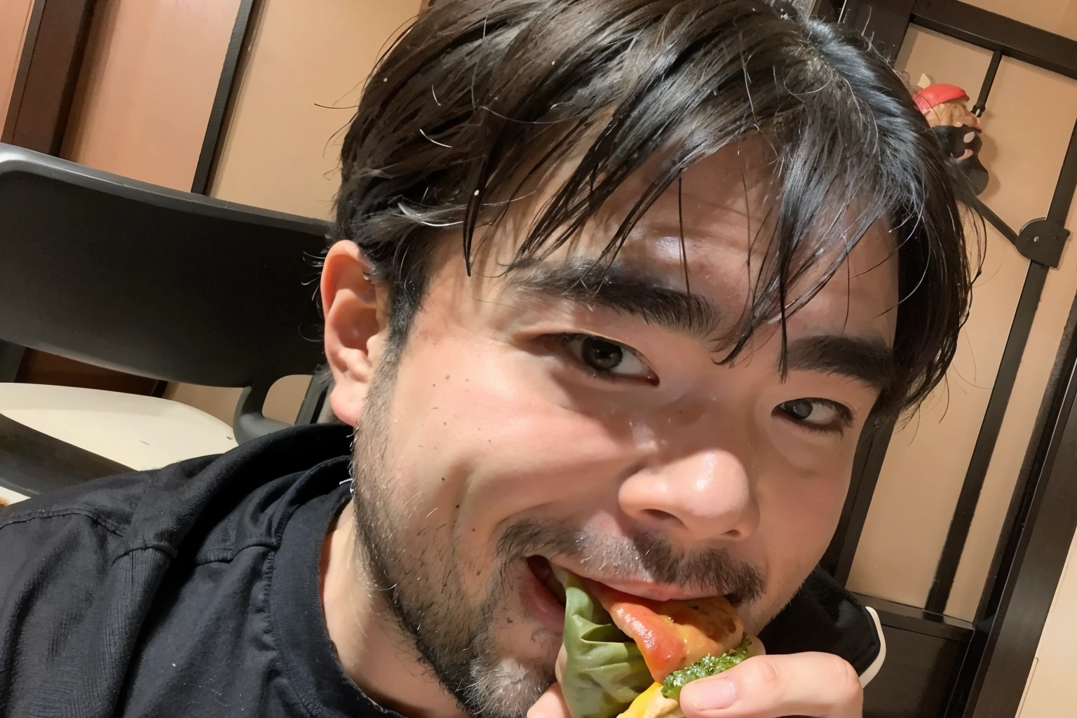 (Eating a hamburger), 30Year old man, black eye,