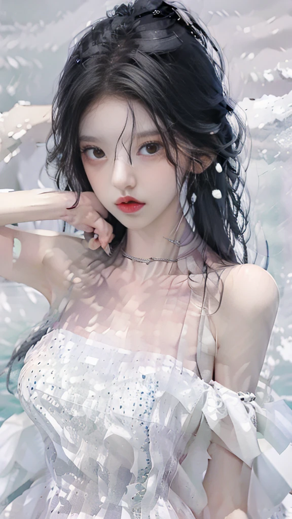 Gorgeous bathroom,Hot spring steam,a beautiful woman,Wearing light-colored tulle,slim figure,Hidden in the mist。Her hair is as long as a waterfall,hanging casually on the shoulders。Skin like snow,Against the background of hot spring water,More crystal clear。