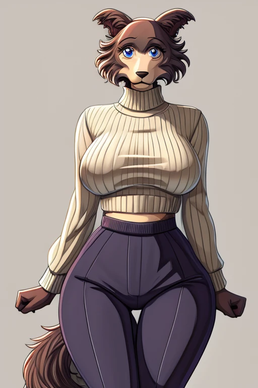 Beastars art style, beastars, Juno, brown wolf, she Wolf, 1girl, furry, long curly brown fur, slim figure, blue eyes, wide hips, Big breasts, cropped sweater