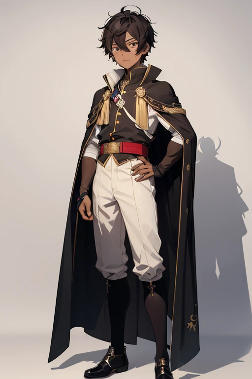 (Boy1),(anime1),(full body portrait),(young), teenager, height 1.80cm and Dark brown skin color, short black hair, brown eyes, with a perverted expression on his face, wearing an emperor's outfit with a shiny black cape, with a chic 16th century outfit White