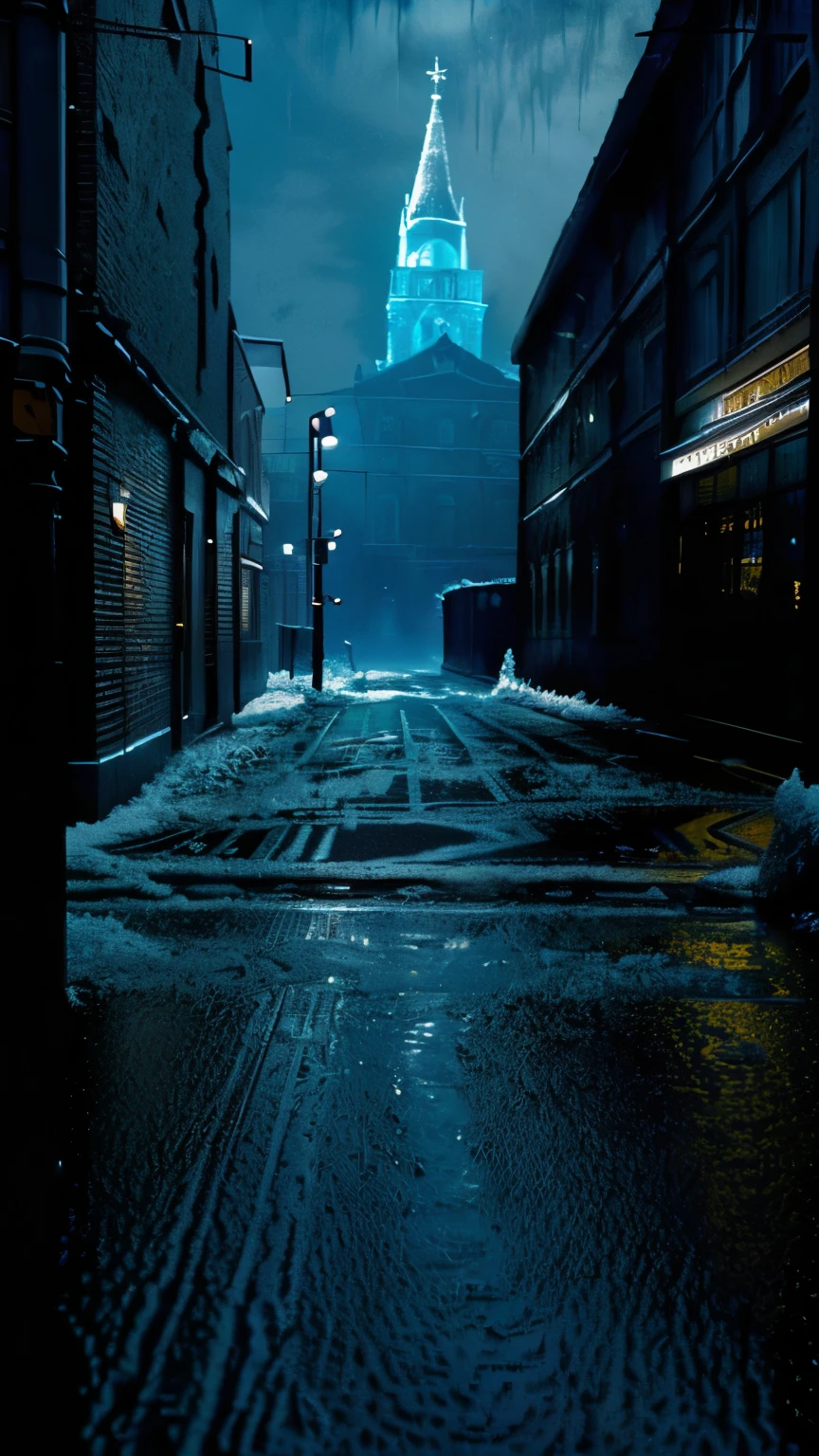 A dark and eerie urban scene with icy and scary elements. (best quality,4k,8k,highres,masterpiece:1.2), ultra-detailed, (realistic,photorealistic,photo-realistic:1.37), HDR, UHD, studio lighting, extreme detail description. The setting is in a city at night, where the streets are wet and glistening with an ominous dark atmosphere. The buildings loom tall and imposing, casting long and haunting shadows. There is a sense of danger and mystery in the air, as if something sinister is lurking in the shadows. The scene is covered in a layer of frost and ice, making everything appear cold and frozen. The icy details are extremely intricate, with delicate ice patterns forming on windows and street lamps. The urban landscape is infused with a blue color palette, adding to the chilling and haunting ambiance. The lighting is dramatic, with strategically placed spotlights casting eerie and intimidating shadows. The overall composition has a surreal and unsettling feel, as if the city itself is alive with malevolence.
