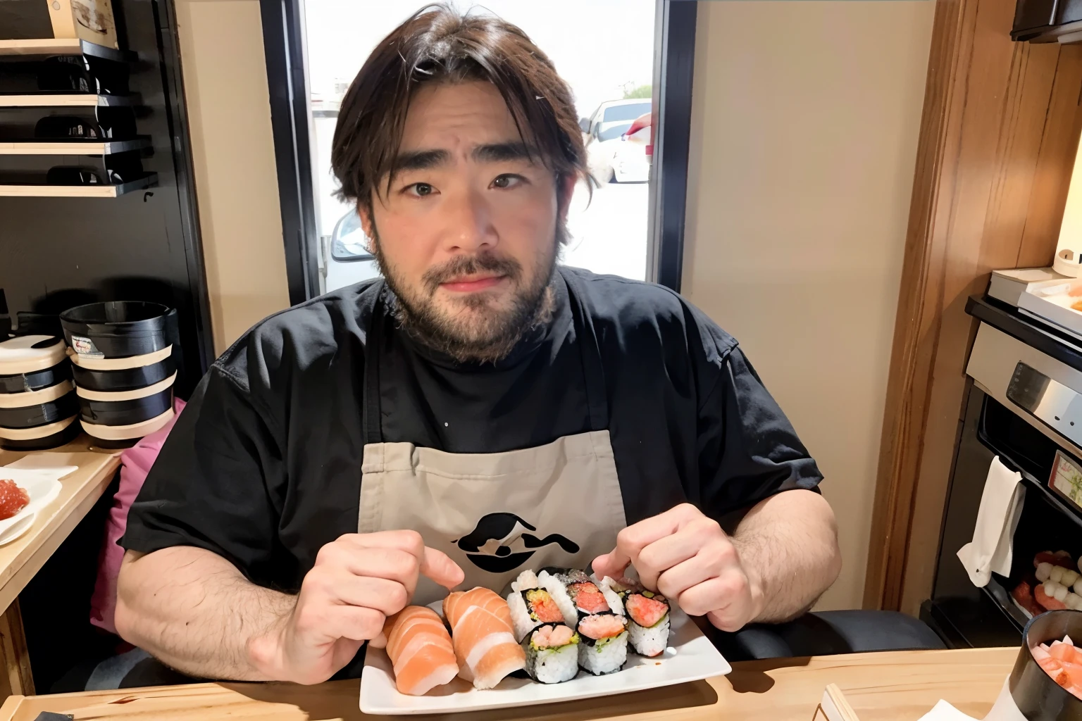 Sushi Shop, (Eat sushi), 30Year old man, black eye,