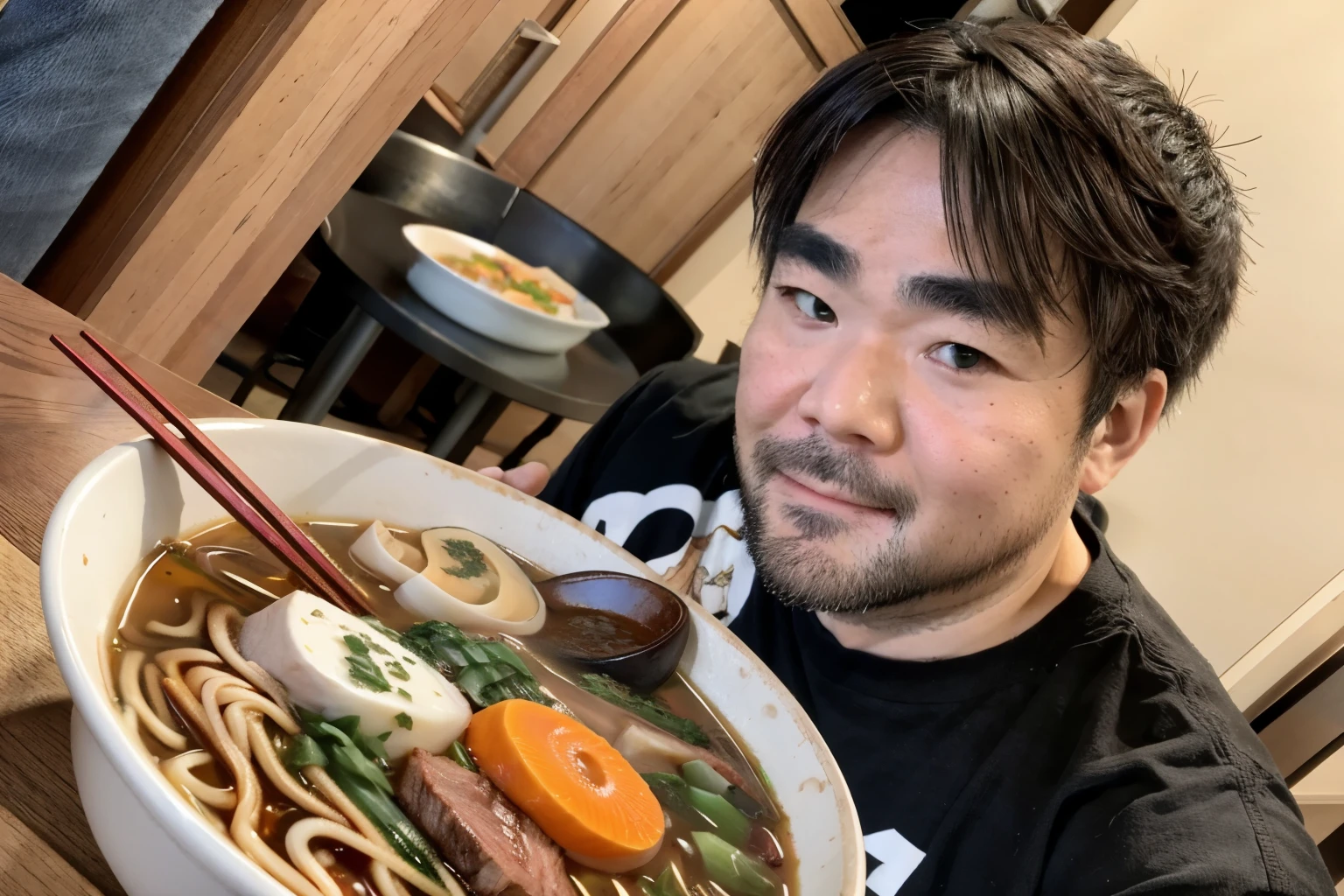 (eat ramen), 30Year old man, black eye,