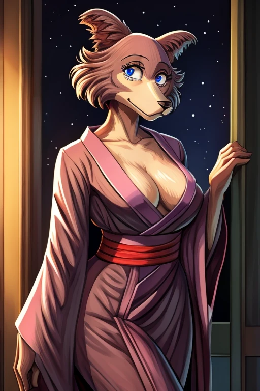 Beastars art style, beastars, Juno, brown wolf, she Wolf, 1girl, furry, long curly brown fur, slim figure, blue eyes, wide hips, Big breasts, kimono, cleavage