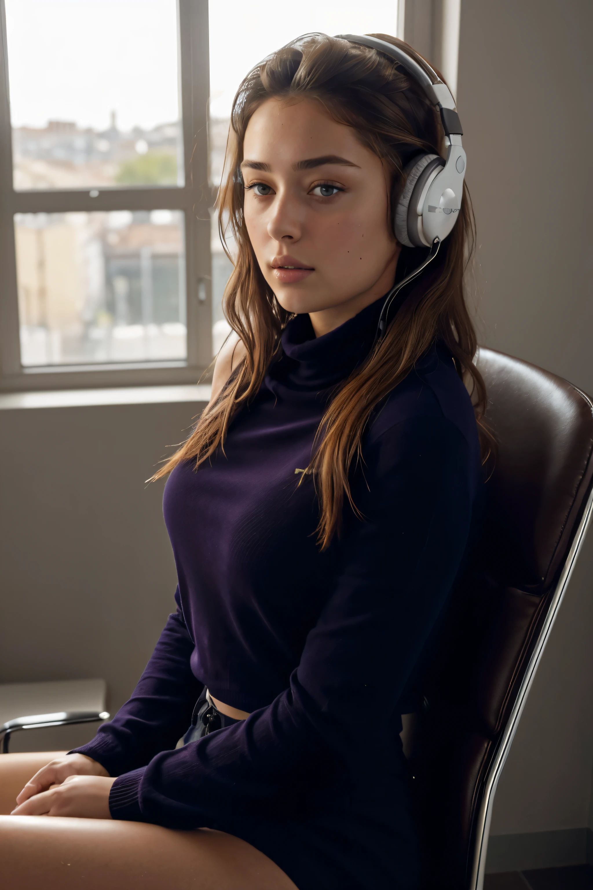 (obra de arte), (uma garota de 22 anos) (((caucasiano))) italiano girl with shoulder length messy hair, she is . She's wearing a ((gola polo apertada)) e shorts, she is sitting on a vitra eames chair ((Usando fones de ouvido)) in ecstasy, tomado com, Lente Canon 85mm, qualidade extrema, fortemente retocado, maquiagem pesada, qualidade muito alta, Retrato de Sophie Mudd, thick neck, Modelo feminina de 19 anos, Latina, angelawhite, Violeta Myers, 22 anos de idade, 21 anos de idade, imagem de perfil, italiano, italiano Latina, Alycia Debnam-Carey, hazel eyes, realista, Post-processing, maximum detail,
