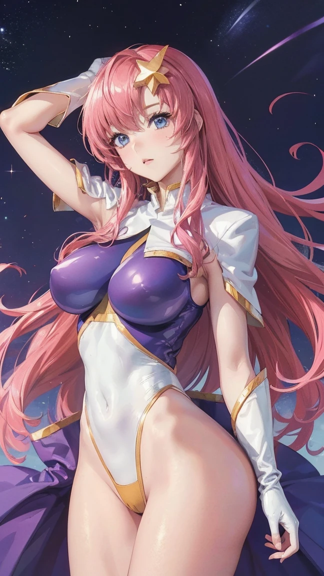 (masterpiece)、(best image quality)、(Super detailed)、(very detailed)、4k、(8K)、best image quality、(beautiful)、
more campbell, 1 girl, star hair ornaments, hair ornaments, pink hair, long hair, gloves, Leotard Purple leotard, white leotard, leotard that bites、super breasts、thick thighs、dynamic angle、