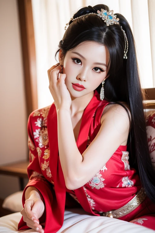 Fashion model 25 years old [[[[ cleavage]]]], [[[[boobgasm]]]], [[[[coll]]]], [[[[bshoulders]]]], perfect  eyes, Perfect iris，perfect lips，perfect teeth，Perfect skin，Long face，HDlmgirl，Lie down，long  hair ，，（pastel colour：1.2）  , showing breasts , waist up pose , pose 1.4 to camera , various shot angle , detail red attire, pale blue sexy classy belly dancer dressed