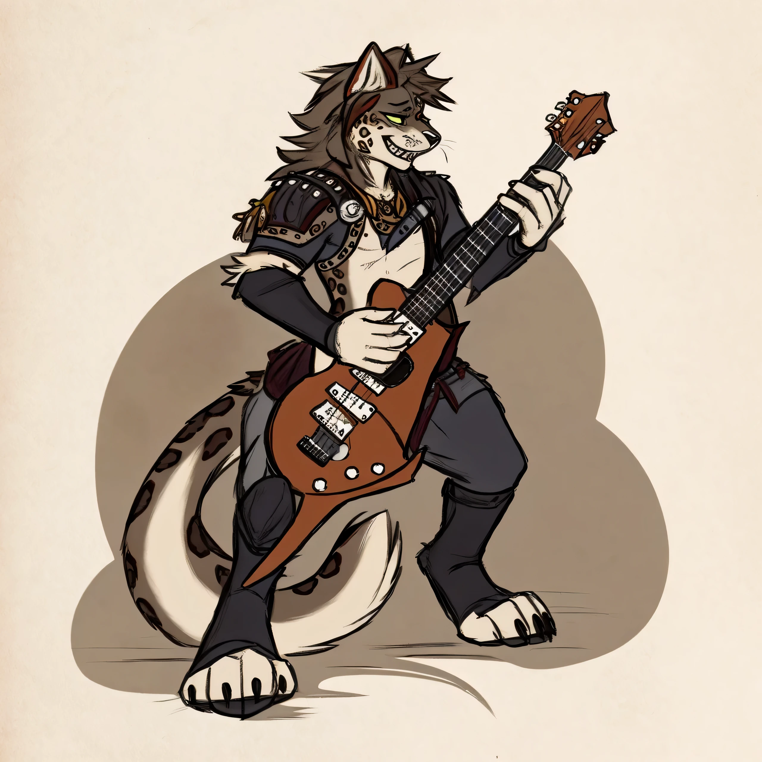 a drawing of a man with a guitar, of anthro leopard warlock, tiefling bard, anthropomorphic furry art, fursona furry art commission, professional furry drawing, anthro concept art, guitar concept art, d&d character commission, furry artist, anthro art, anthro cat, fursona commission, stylized linework, brutal hero, heavy metal