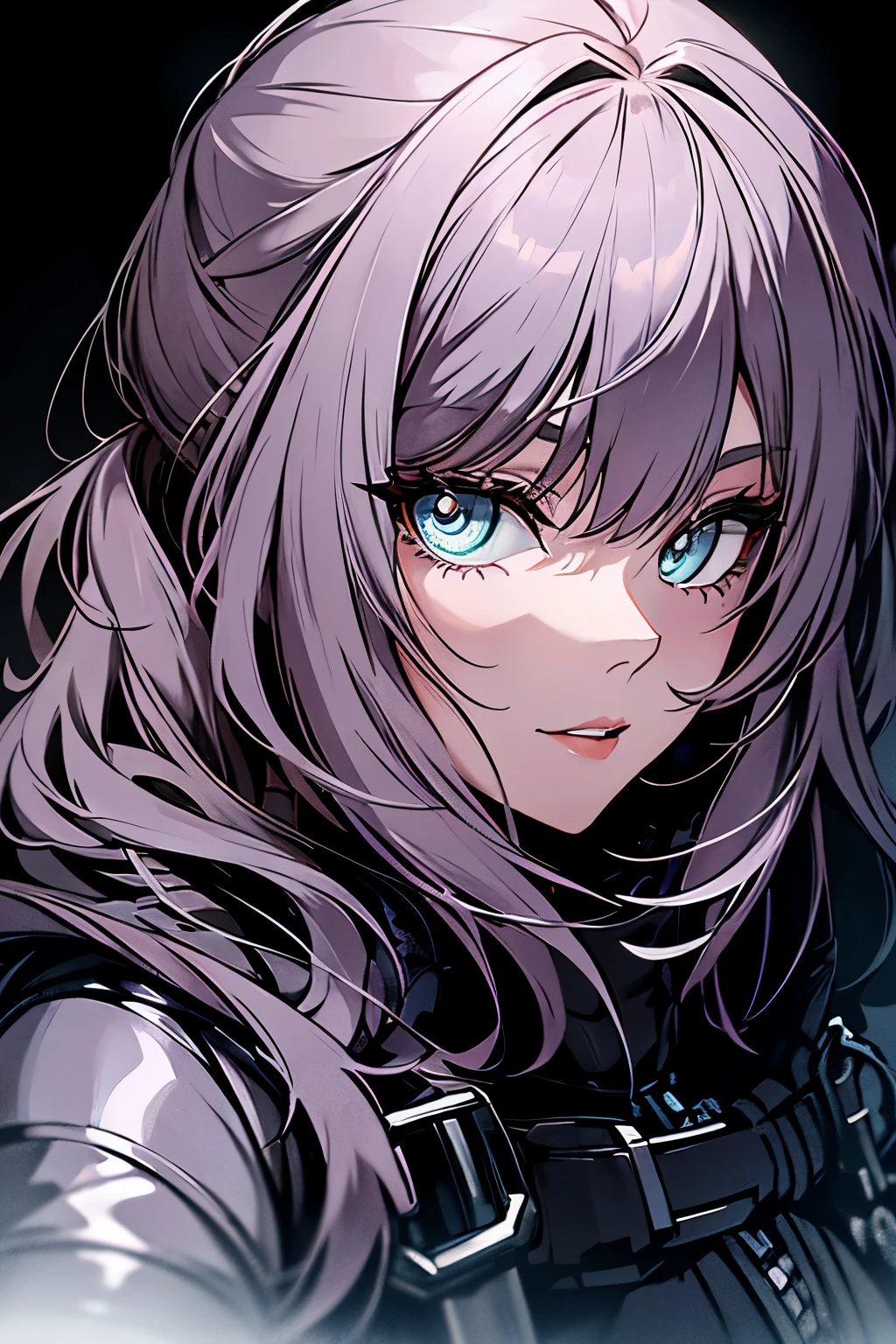 a woman, leggings, pleated skirt, sports top, high ponytail, high boots, long fur jacket, on a foggy moonlit night in a ghost town, detailed face, hyper detailed eye's, detailed lips, , with a metal chainned-colar in the neck, lineart