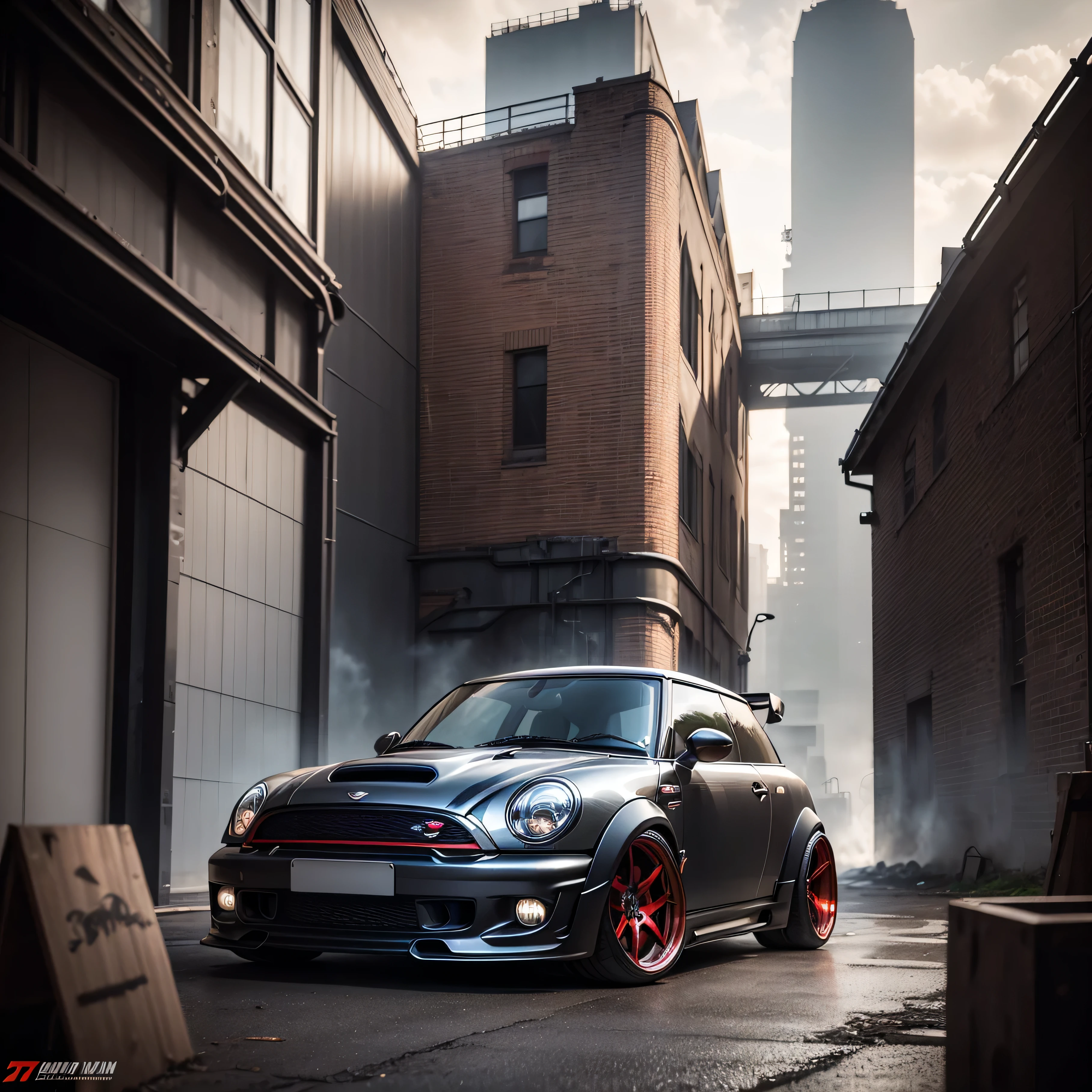 silver with red roof Classic Mini Cooper S JCW, ((carbon fibre, Liberty walk ultra wide body kit)), aggressive stance ((background: inside old industrial style building, large windows in background, overcast sky, heavy industrial look, cobble stone street)), 8K quality, realistic, realism, sharp, detailed, ultrawide, black and carbon fibre and deep candy apple red scheme, front profile, epic stance, epic ultra wide body kit, super low stance, aggressive looks