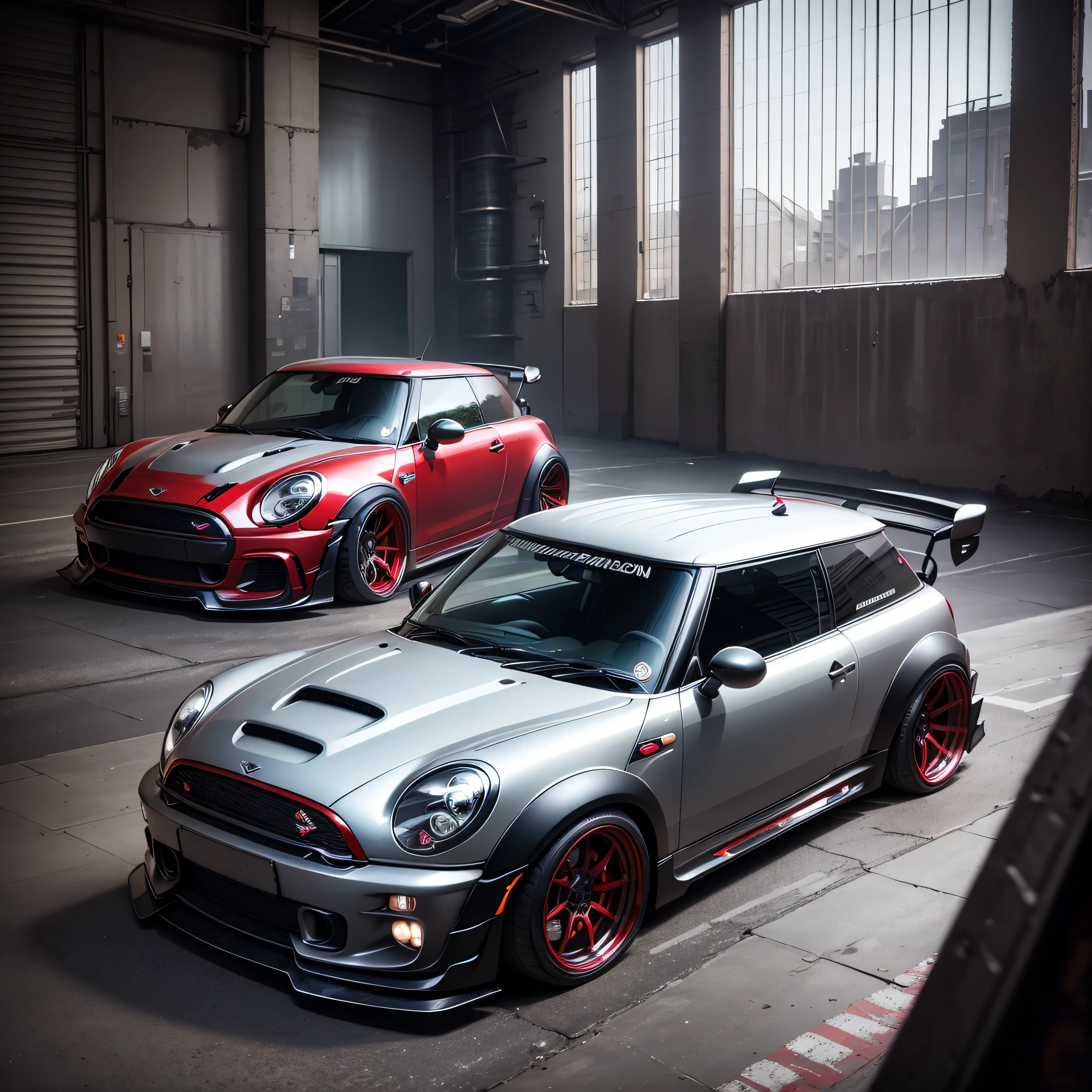 silver with red roof Classic Mini Cooper S JCW, ((carbon fibre, Liberty walk ultra wide body kit)), aggressive stance ((background: inside old industrial style building, large windows in background, overcast sky, heavy industrial look, cobble stone street)), 8K quality, realistic, realism, sharp, detailed, ultrawide, black and carbon fibre and deep candy apple red scheme, front profile, epic stance, epic ultra wide body kit, super low stance, aggressive looks