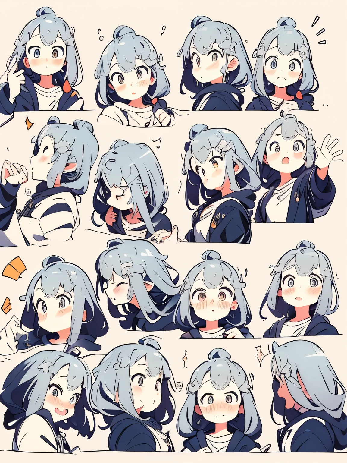 anime character sheet of a woman with different facial expression, different expressions, anime style, various postures, 微妙的anime style, 扁平化anime style底纹, Cute and natural anime face, expression, anime style, Animation character design, Anime Concept Art, facial expression, slightly happy expression, anime style, anime style人物, 半写实anime style, anime art style