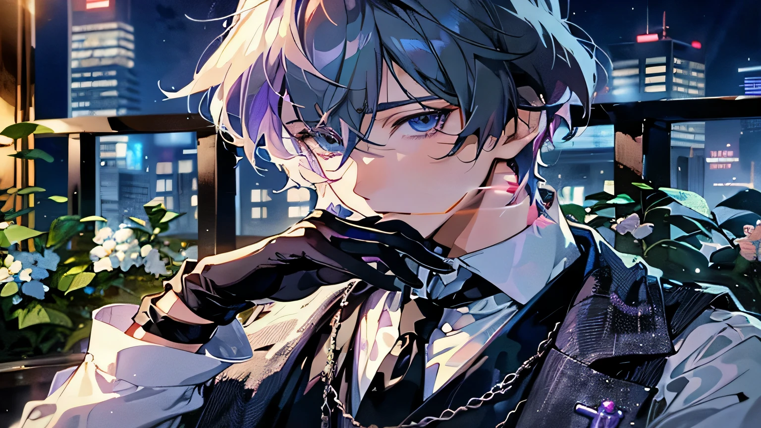 anime boy with black gloves and a white shirt and black tie, handsome anime pose, delicate androgynous prince, beautiful androgynous prince, tall anime guy with blue eyes, key anime art, anime handsome man, smooth anime cg art, anime key visual of elegant, key anime visuals, male anime character, anime boy, anime portrait of a handsome man, fuul purple light background
