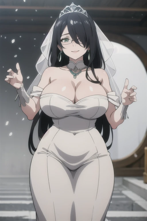 mature women,milf,large breast,beautiful face,long hair, shiny hair, green eyes,high detailed,black hair, hair over one eye,masterpiece,perfect anatomy,cleveage,glasses,stand pose,hair ornament,cowboy shot,smile,Off-the-shoulder white wedding dress, Snow White Veil, choker, silver tiara, necklace, earrings