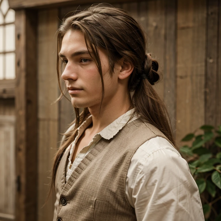 18 year old boy with long brown hair tied back and wearing 18th century clothes